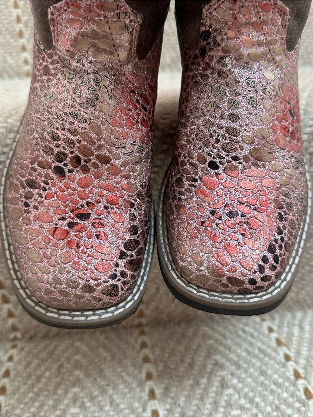Old West Girls Western Cowboy Boots - Size 13 - Pink & Brown Embroidered